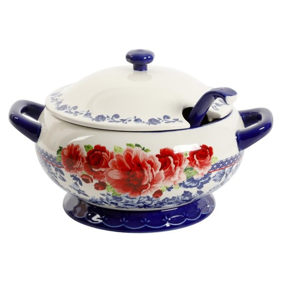Pioneer Woman Frontier Rose Cobalt 3.17-Quart Soup Tureen with Ladle - Picture 6 of 7